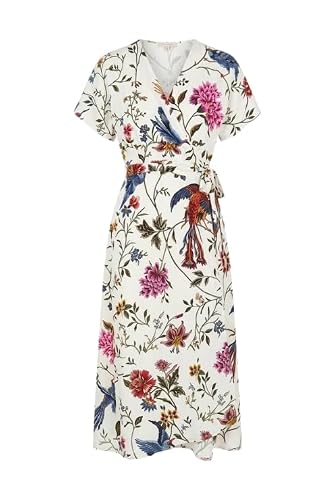 Image of Yumi Ivory Bird and Floral Print Ruched Waist Kimono Midi Dress (UK, Numeric, 10, Regular, Regular, White)