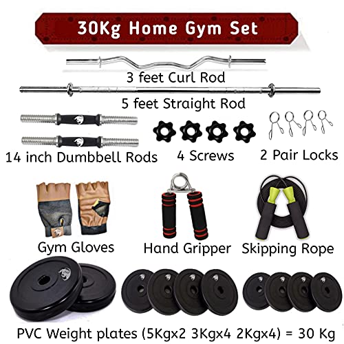 Image of BULLAR Home Gym Set, Home Gym Combo, Home Gym Kit, Gym Equipments, (20-40 Kg), 3Ft , 5Ft Straight Rod + One Pair Dumbbell Rod, Home Gym Equipment Set , Gym kit with Accessories (30KG Combo)