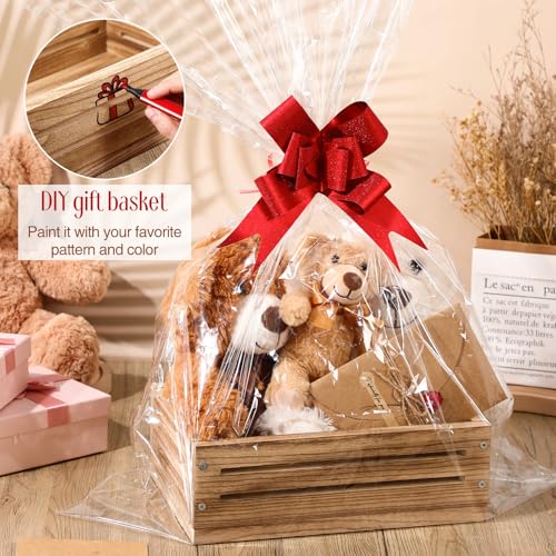 Image of Wonderjune Wooden Baskets for Back to School Gifts Empty Wood Basket with Cellophane Bag Ribbon Greeting Card for Birthday Baby Shower Wedding Housewarming Gifts Packaging(Brown,Small)