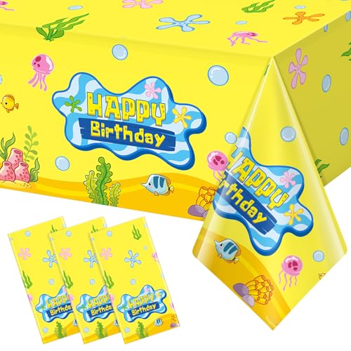 Denwiller 3 Pcs Yellow Cartoon Birthday Tablecloth Decorations Disposable Ocean Jellyfish Seaweed Tablecloth Happy Birthday Table Cover for Rectangle Table Baby Shower Party Supplies 108x54 Inch