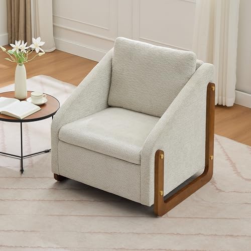 Sillón tapizado chenille beige con estructura de madera miniatura 1