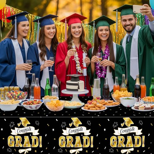 Image of 2Pack Graduation Decorations 2026, 108 inch X 54 inch Graduation Tablecover, Blackgold Rectangle Class of 2026 Table Cloths, Disposable Plastic Congrats Grad Tablecover for Grad Party Favors Supplies for Kids