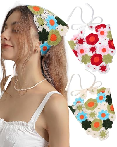 Pañuelo de Ganchillo para Cabeza Mujer - 2 Piezas Bufanda Bandana para Niñas y Mujeres (B, Talla única)