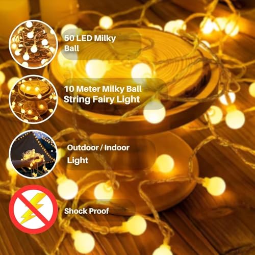 Image of One94Store 50 LED 10 Meter Crystal Ball Fairy String Lights - Warm White, 8 Modes with Remote, Plug-in Decorative Lights for Bedroom, Diwali, Christmas, Party, Home Decor