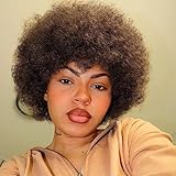 Yargel Hair Short Human Hair Afro Wigs for Black Women Glueless Wear and Go Wig 70s Afro Wigs Unisex Kinky Curly Afro Fluffy Puff Wigs for Daily Party Use (Dark Brown)