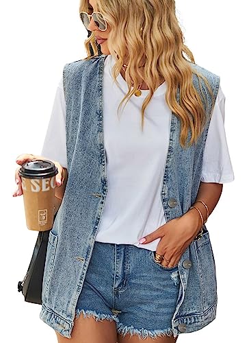 utcoco Casual Oversized Denim Vest Top for Women V-Neck Sleeveless Button Down Jean Vest Jacket with Pockets