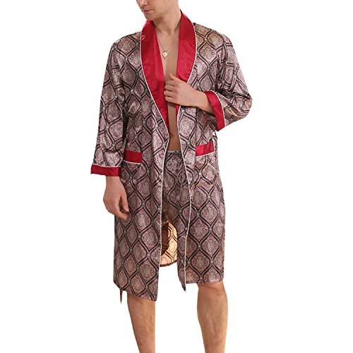 Men's Summer Luxurious Kimono Robe Soft Satin Bathrobe Long-Sleeve Nightgown Printed Pajamas Red, Small/Medium