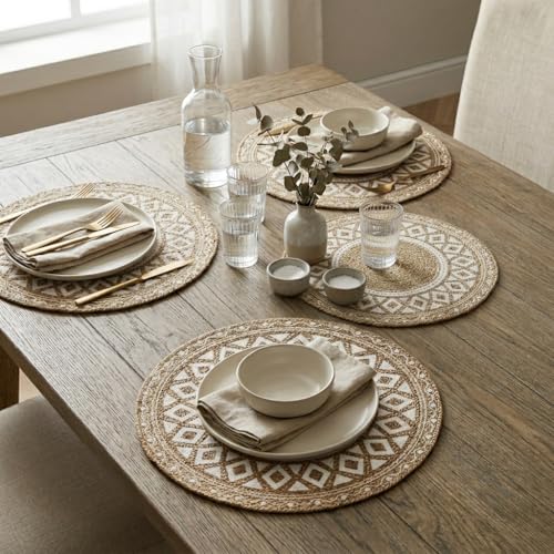 Image of Round Braided Dining Table Mat | Brown Mandala Woven Placemats | Heat Resistant Washable Cotton Blend Table Place Mats for Kitchen & Boho Decor | 15 Inch | Set of 6