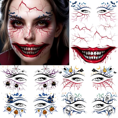 7 Sheets Bloody Blood Vessel Face Tattoos For Halloween Temporary Tattoos Eyeliner Eyelid Eye Shadow Sticker, Realistic Scary Spiderweb Fake Tattoos Face Eye Makeup Halloween Vampire Zombie Costume