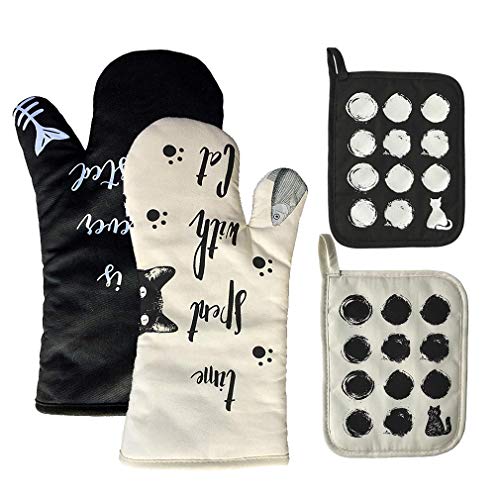 AIYUE Upgraded Version Oven Mitts and Pot Holders - Long Sleeves Heat Resistant Silicone Oven Gloves with Soft Cotton Infill Non-Slip Cooking Gloves for Kitchen Cooking Baking BBQ Grilling