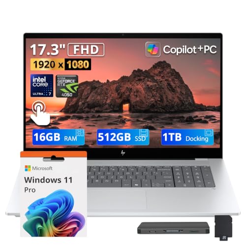 Image of HP OmniBook X 17.3 inch FHD Touchscreen Laptop, Intel Ultra 7 256V, 16GB RAM, 1.5TB Storage (512GB SSD+1TB Docking Station), GeForce RTX 4050, Backlit Keyboard, Copilot+ PC, Wi-Fi 7, Win 11 Pro, Silver