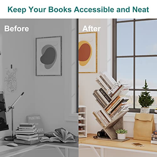 Zrwd Tree Bookshelf, 4-Tier Book Storage Organizer Shelves Floor Standing Bookcase, Wood Storage Rack For Office Home School Shelf Display For Cd/Magazine（French Oak Grey） #TOP5
