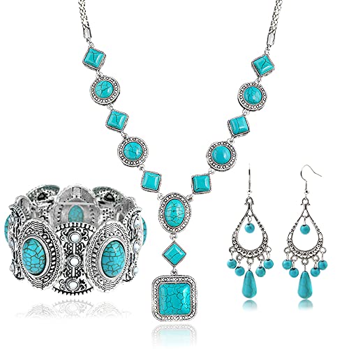 Bohemian Turquoise Necklace Set - Women's Western Jewelry with Long Choker, Pendant, Dangle Earrings, Layered Bracelets