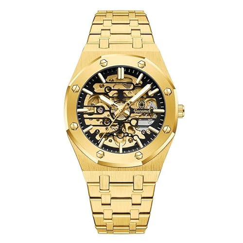 メンズ自動機械式腕時計 ? 42mmスクエアスケルトンダイヤル、夜光針、ステンレススチールストラップ、自動巻き式、クラシックでエレガントなデザイン, ゴールドシェルブラック表面ゴールドマシン