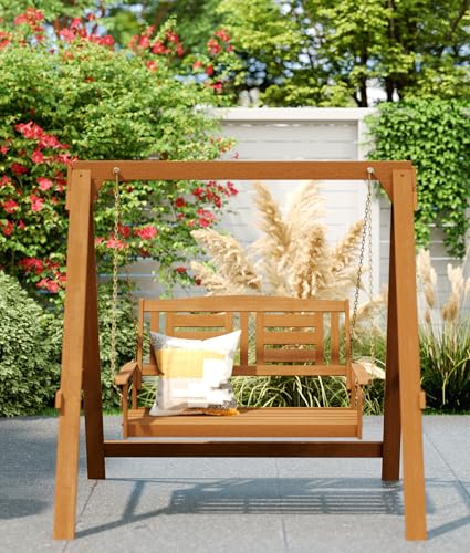 2-Seater Wooden Swing Bench Swings for Outside, in Teak Oil Wooden Porch Swing Heavy Duty Swing Set for Adults with Stand, Swinging Bench Outdoor Swingsets for Backyard Porch Garden Deck