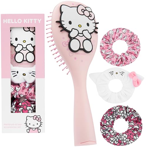 Hello Kitty Sanrio Cepillo Pelo y Set Gomas Pelo, Accesorios Cabello Mujer Niña, Cinnamoroll Kuromi Accesorios Viaje, Regalos de Anime para Ella (Hello Kitty Cepillar & Coleteros)