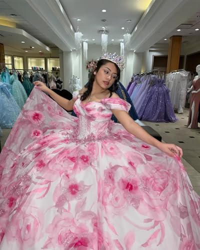 Zhangyo Off Shoulder Floral Print Quinceanera Dresses Chiffon Sweet 15 16 Dresses with Bow Sparkly Beaded Ball Gown3