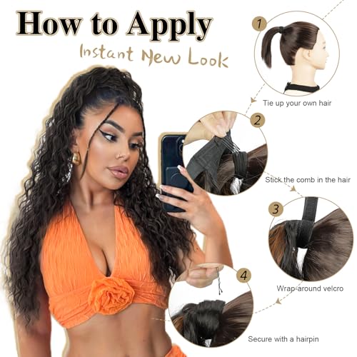 Hanyudie Wave Ponytail Extension Long Wrap Around Ponytail Wavy Curly Ponytail 20 Inch Clip In Ponytail Hairpiece For Women Brown Black Ponytail thumb #5