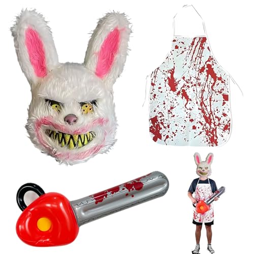 JazRvr 4er-Set Horror Hase Kostüm für Herren, Damen und Teenager, Halloween Kostüm mit blutiger Maske und Schürze, Gruseliges Outfit für Parties...