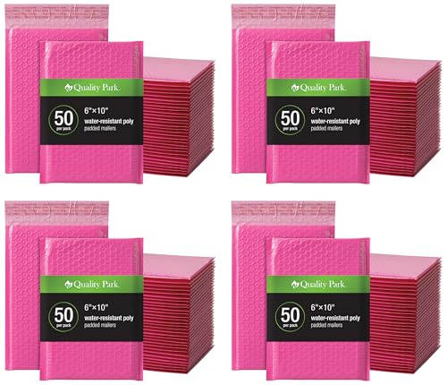 Image of Quality Park BubbleMailers, 6 x 9 Inch, Pink Poly Mailers, Padded Envelopes, Shipping Envelopes, Water Resistant, Self Seal, 50 Per Box (QUA85858) (Pack of 4)