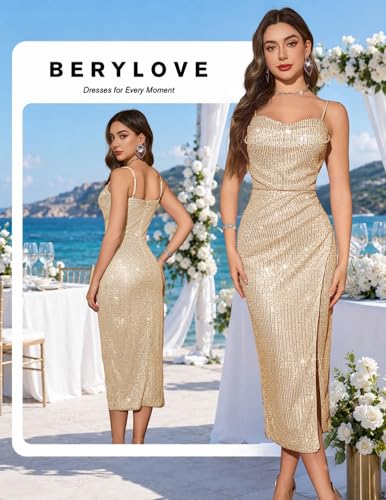 Image of BeryLove Summer Sequin Cocktail Prom Wedding Guest Dresses Sparkly Party Evening Formal Spaghetti Strap Dress