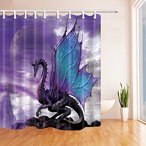 Nymb Medieval Fantasy Theme Purple Dragon 69X70In Polyester Fabric Shower Curtain Set 15.7X23.6In Flannel Non-Slip Floor Doormat Bath Rugs (Shower Curtain+Bath Rugs) #TOP2