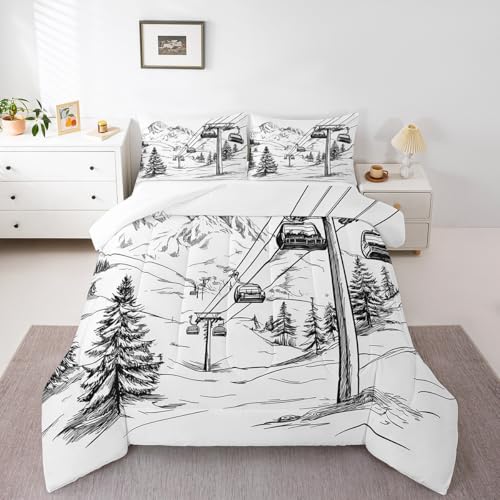 Homewish Ski Lift Comforter Set King Size,Skiing Sport Bedding Set 3Pcs,Snow Mountain Pine Jungle View Quilt Set for Kids Boys Girls Adult Room Decor Black White Sketch Duvet Insert,2 Pillowcases