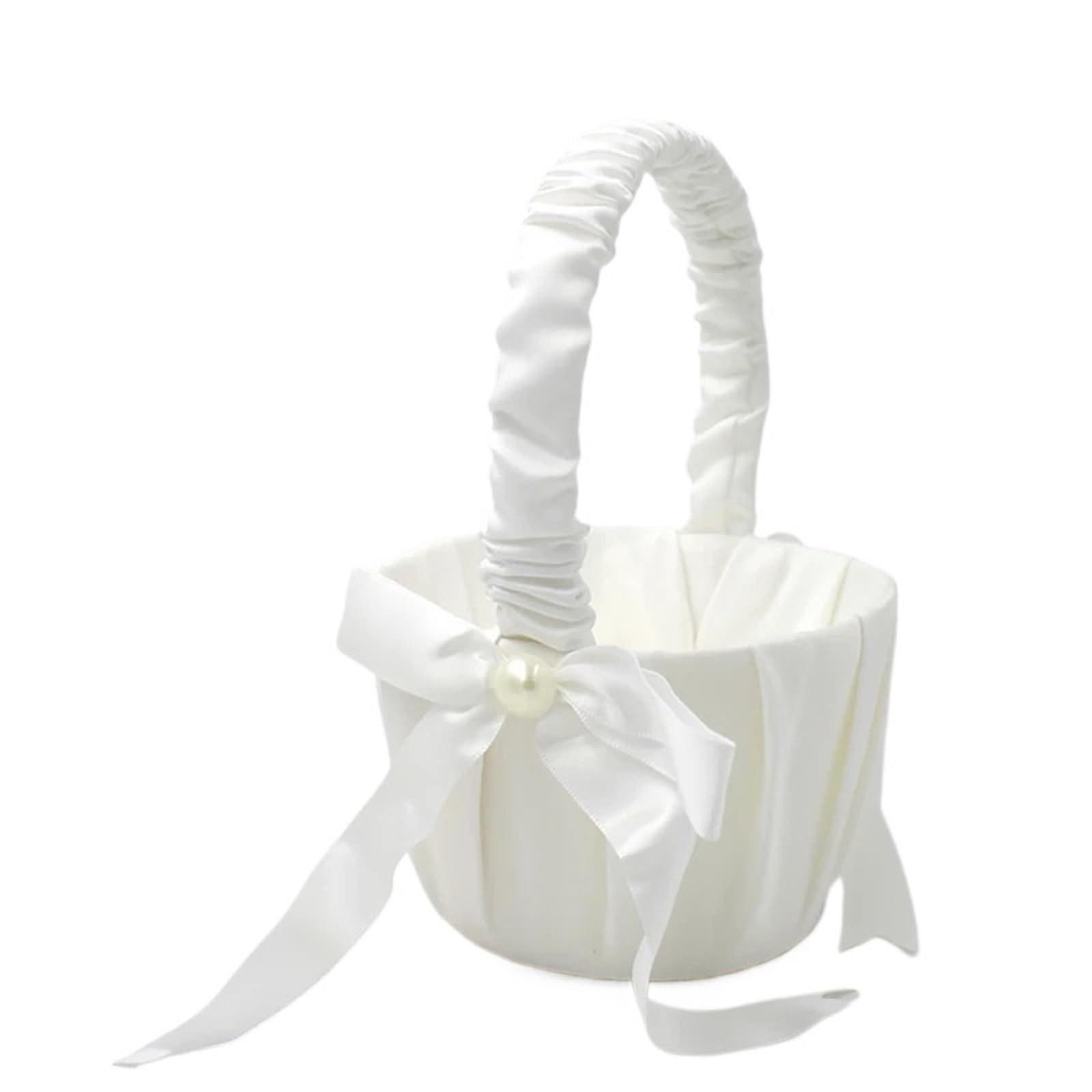 Flower Girl Bow Basket White Satin Pearl Knot