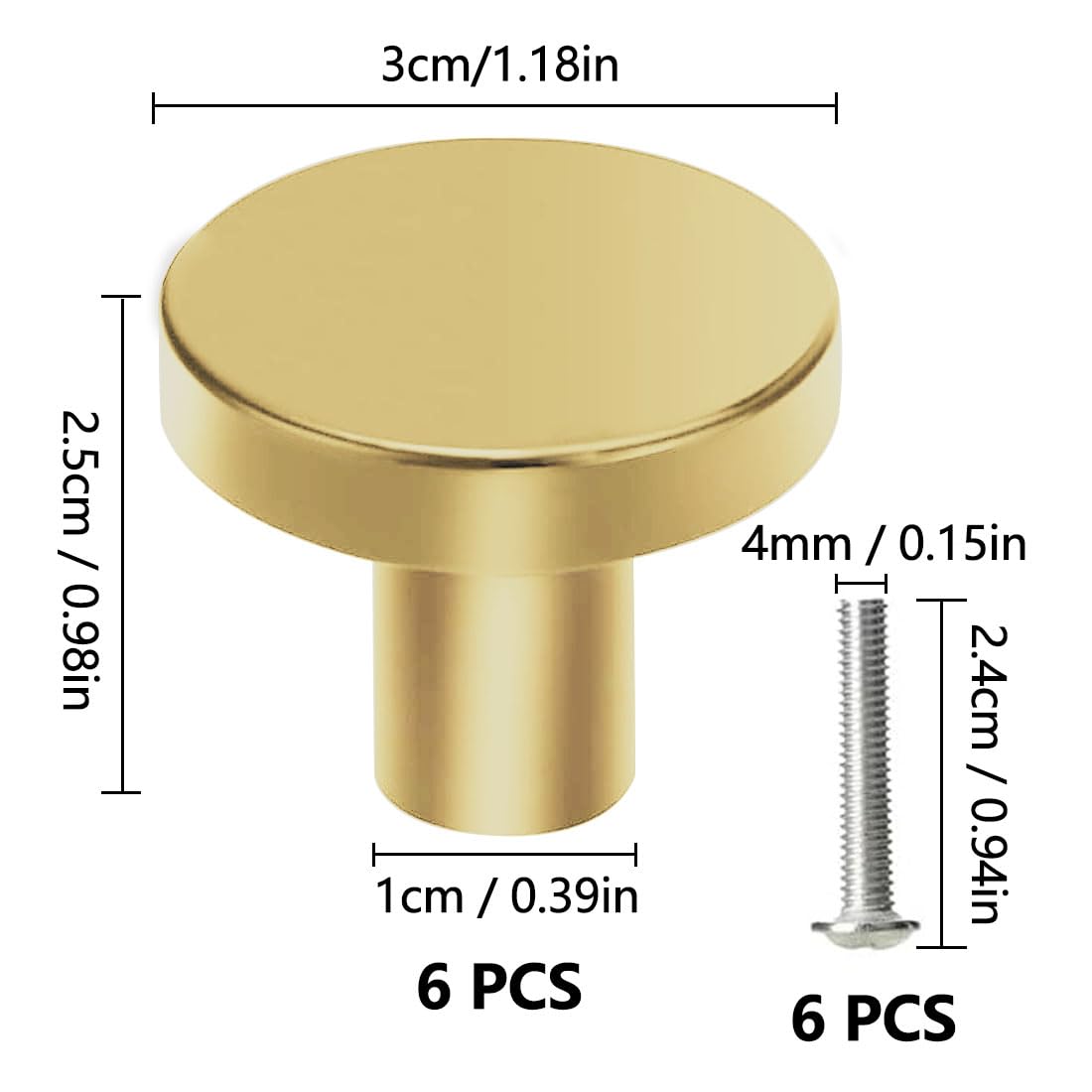 SHSMPXOY 6 PCS Drawer Knobs,30mm Kitchen Cupboard Door Knobs,Modern Cabinet Knobss,Kitchen Cupboard Knobss Door Handles,Stainless Steel Single Hole Handle with Screws for Home Decorating(Gold) - Image 2