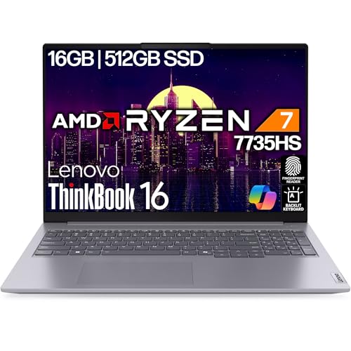 Image of Lenovo ThinkBook 16 Gen 7 16 inch FHD IPS Display, AMD Ryzen 7 7735HS (Beat Ultra 7 255U), 16GB DDR5 RAM, 512GB NVMe, Backlit Keyboard, Fingerprint, WiFi 6E + BT, RJ-45, Win 11 Pro, AI Business Laptop