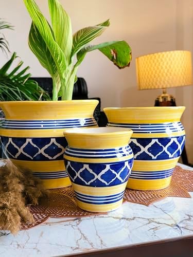 Niyara Stylish Ceramic Pots Planters for Indoor Plants,Succulent,Outdoor,Balcony,Home,Garden,Office (Set of 3) Size -Large 9 inches 7 inches & 5 inches (Moroccan Blue Yellow)