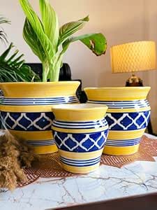 Niyara Stylish Ceramic Pots Planters for Indoor Plants,Succulent,Outdoor,Balcony,Home,Garden,Office (Set of 3) Size -Large 9 inches 7 inches &amp; 5 inches (Moroccan Blue Yellow)