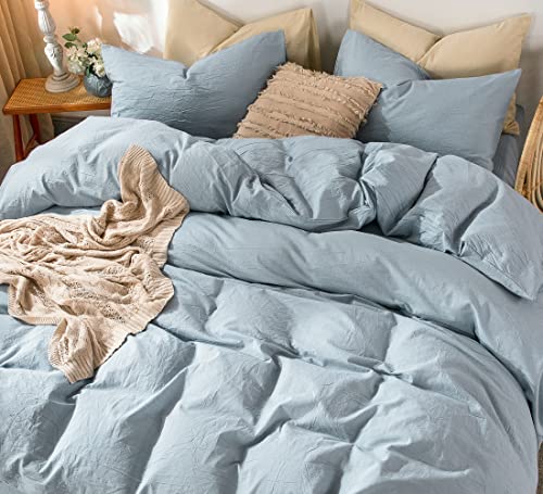 MooMee Bedding Duvet Cover Set 100% Washed Cotton Linen Like Textured Breathable Durable Soft Comfy (Cornflower Sky Blue, Twin)