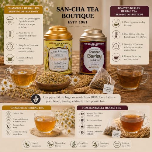 Image of Sancha Tea Boutique, Chamomile Flower 50g & Imported Toasted Barley (25 Pyramid Bags), Caffeine Free Herbal Tisanes, Calming & Digestive Teas