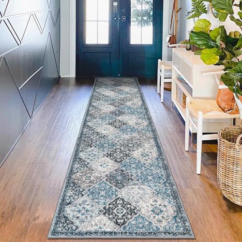 KILOCOCO 2x10 Runner Rug, Moroccan Super Soft Washable Hallway Entryway Runner Rug, Accent Print Faux Wool Kitchen Runner Non-Slip Boho Carpet for Laundry Room Bedroom, Blue/Multi