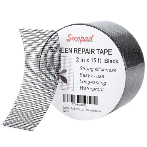 Secopad Black Window Screen Repair Tape 2 in X 15 FT (180IN) Screen Repair Kit for Windows or Doors Strong Adhesive Screen Patch Fiberglass Screen Tape Mesh Repair