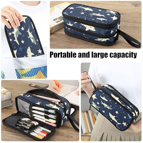 Image of Fustylead Hand Draw Sharks and Stars Print Design Pencil Pen Case Stationery Bag 3 Compartments School College Office Organizer Cosmetics Bag