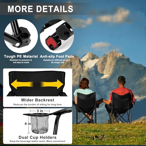 Image of Portable Camping Chair Set of 2, Joyfair Outdoor Lawn Folding Chairs for Adults, Heavy Duty Large Foldable Chairs for Beach, Fishing, Tailgating and More Outdoor Sports, Carry Bag & Cup Holders, Black