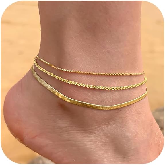 CHESKY Gold Ankle Bracelets for Women, 14k Gold Plated/Sterling Silver Anklet Bracelet Set Layered Glitter Box Paperclip Figaro Cuban Link Anklets for Women, Waterproof Summer Gold Jewelry Gifts