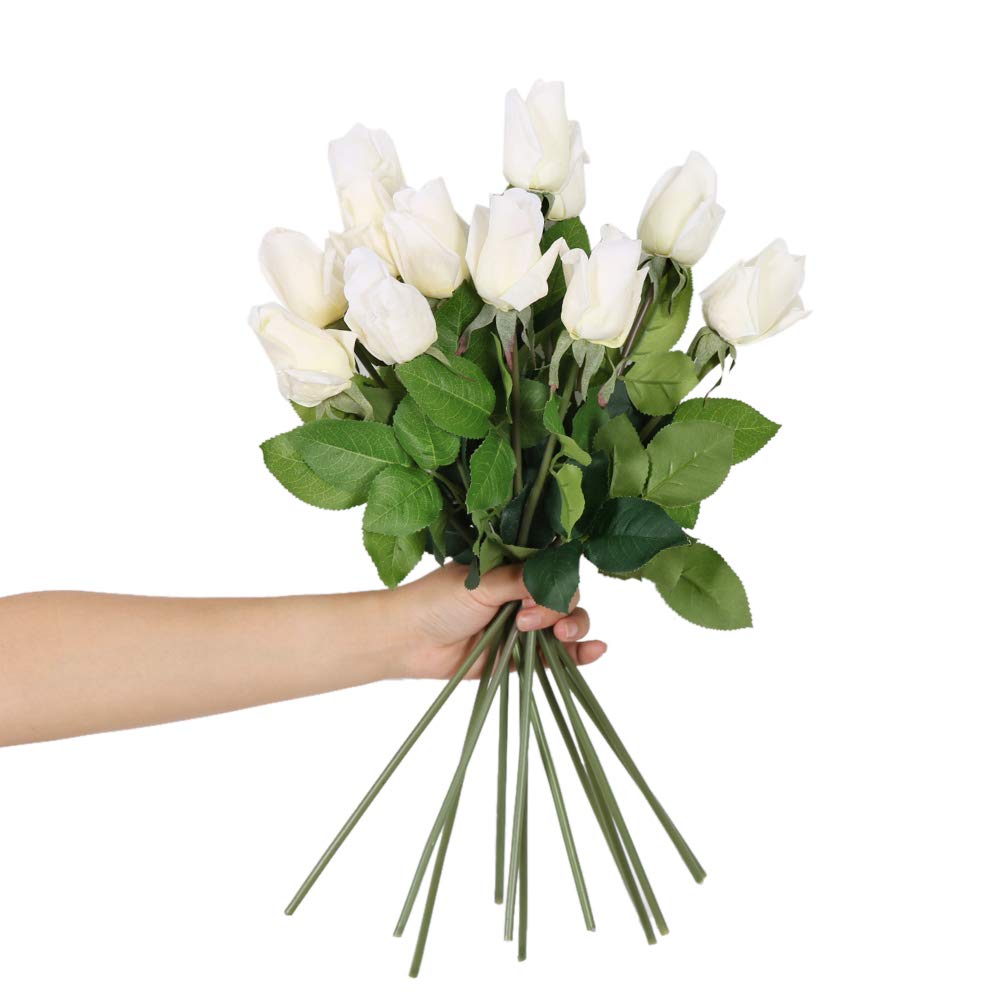 12pcs Latex Moisturizing Roses of Real Touch Natural Artificial Flowers White Bud Roses Realistic Color for Wedding/Home Decor or As a Gift to Wife/Mother/Friend(19 Inch-White)