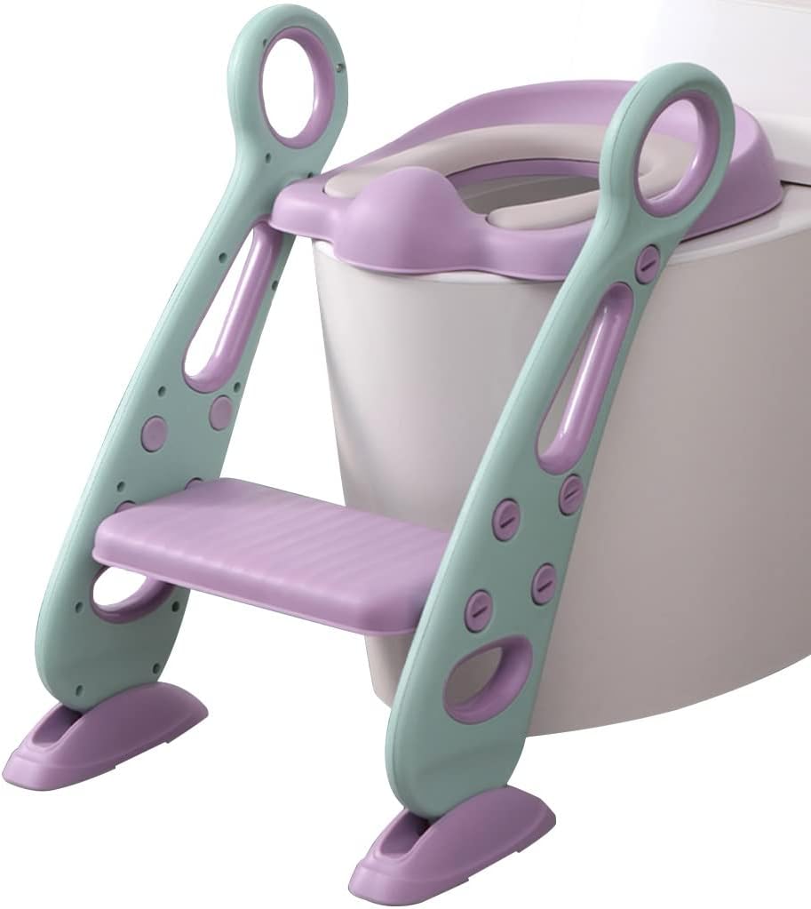 Potty Training Toilet Seat with Step Adjustable Potty with Ladder with PU Cushion, Collapsible Potty Training Seat for Boys and Girls, Load-Bearing 80kg (Color : Green, Size : 42.6 * 55 * 41.5cm)