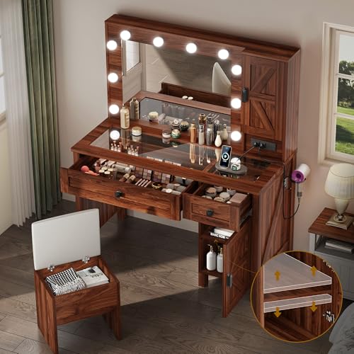 DWVO Farmhouse Makeup Vanity Desk with Mirror and Lights, 42'' Big Vanity Set with Stool, Glass Tabletop Vanity Table with 2 Drawers and Storage Shelves, Charging Station, 3 Lighting Colors, Brown