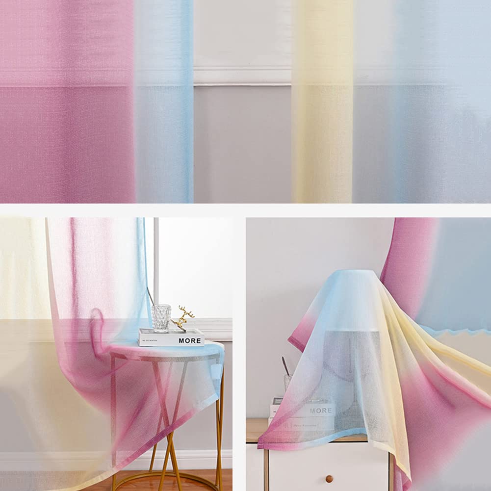 Gardine Farbverlauf Transparent Lila Blau Gelb Kinderzimmer Mädchen Jungen 2er Pack Regenbogen Sheer Vorhänge Durchsichtig Ösenvorhang Kindervorhänge Babyzimmer,140x240