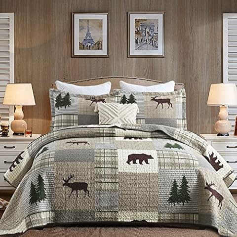 Finlonte Quilts Queen Size, 100% Cotton Queen Size Quilt, Lodge Cabin Farmhouse Queen Quilt, Grayish Brown Green Plaid Lightweight Soft Quilted Bedspread Sets for All Season, 3 Pieces Cover