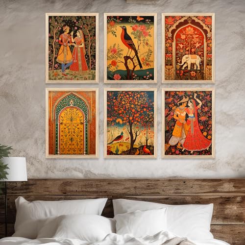 kotart Traditional Art Wall Painting Madhubani Home Decoration With Frame For Living Room Bed Room Hotel Wall Decor Digital Reprint Engineered Wood Set of 6 (S)