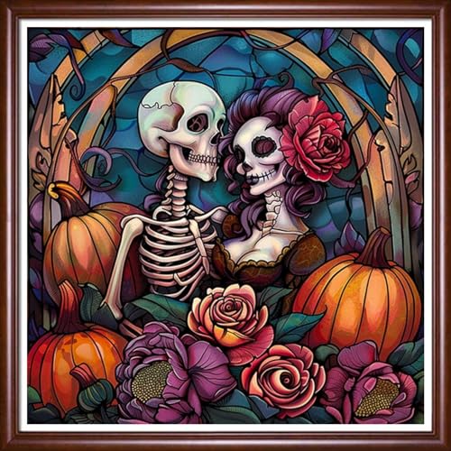 Image of DMCVIVR Stamped Cross Stitch Kits for Beginners Adults Needlepoint Kits for Beginners Embroidery Kits for Adults Crossstitch Kit for Beginners 11CT-Skeleton Couple 18x18 inch