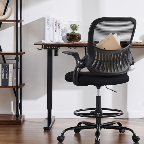 Smug Drafting Chair with Flip-up Arms, Height Adjustable Standing Tall Office Desk Chair with Foot Ring, Ergonomic Swivel Computer Chairs with Rolling Wheels, Black