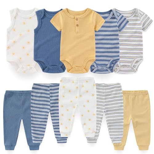 Image of falianni Baby Boy Girl 10 Piece Combined Type Clothing Set Cotton Baby Bodysuits and Pants Set Home Outdoor Infant Clothes