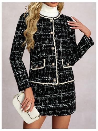 Women's 2 Piece Outfits Plaid Button Front Long Sleeve Tweed Jacket and Mini Skirt Elegant Set3