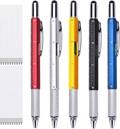 KEWAYO Multifunktionsstift 5 pack, 6 IN 1 Multifunktions Kugelschreiber mit Lineal, Wasserwaage, Stylus, Schraubendreher, Minen, kreative Geschenke für Männer (gelb, schwarz, gold, silber) (5)